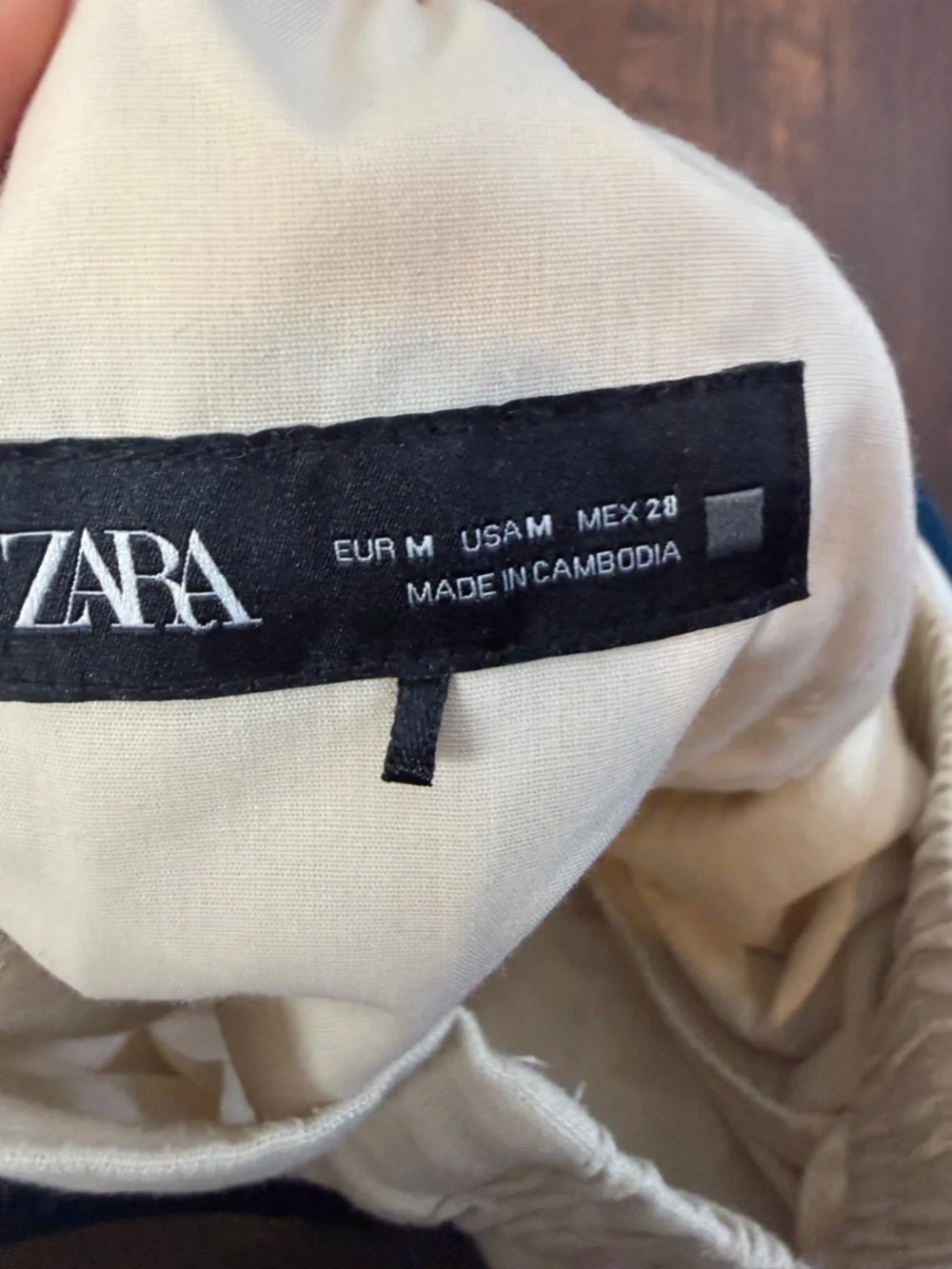 Zara Beige Linen Blend Elastic Waist Straight Leg Pleated Pants